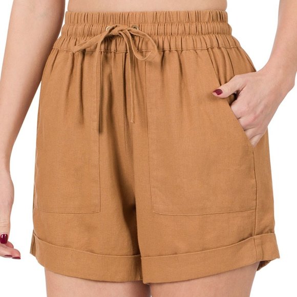 Zenana NWT Linen Drawstring Waist Shorts with Pockets in Light Olive - Picture 3 of 4